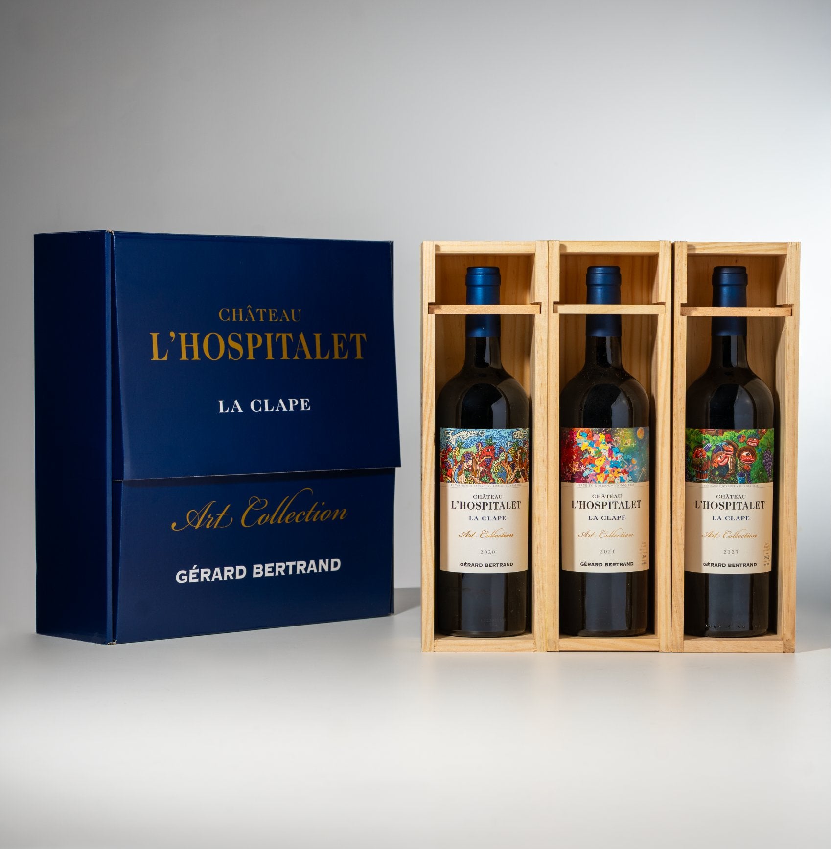 Château l'Hospitalet Grand Vin rouge Geschenkbox Limitierte Edition Robert Combas, Hervé Di Rosa und Cyril Kongo