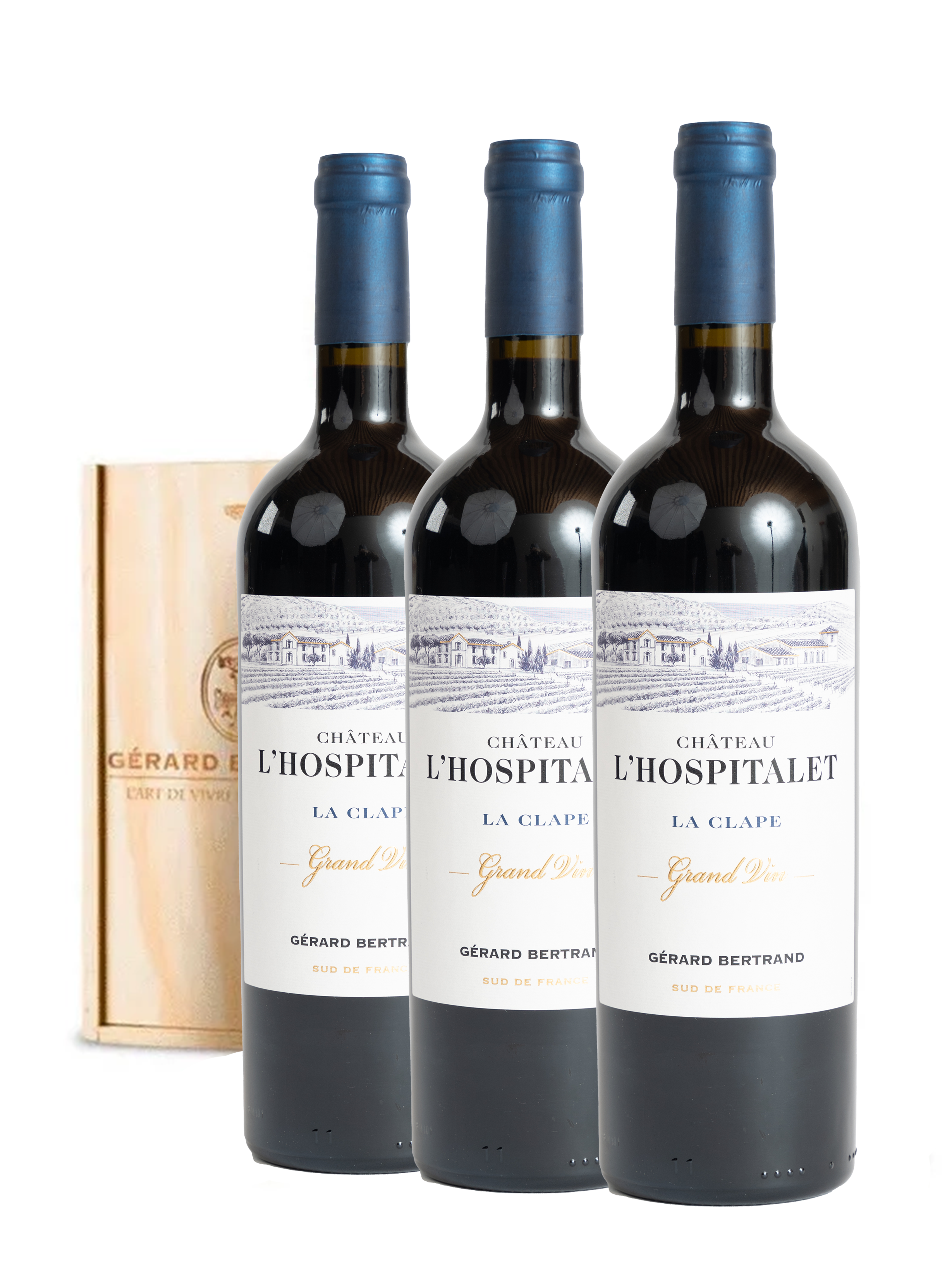 Château l'Hospitalet Grand Vin Rouge 2017 lot 3x75cl avec caisse en bois - Meilleur Vin rouge du monde IWC 2019 - Gérard Bertrand