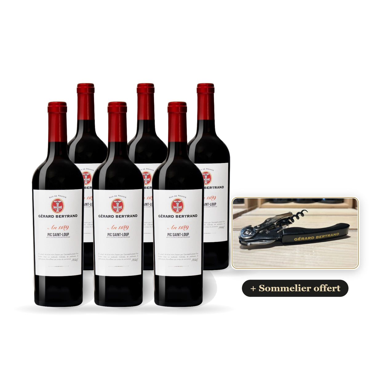 6er-Set Héritage An 1189 Pic Saint Loup 2024 mit einem Gérard Bertrand Sommeliermesser gratis