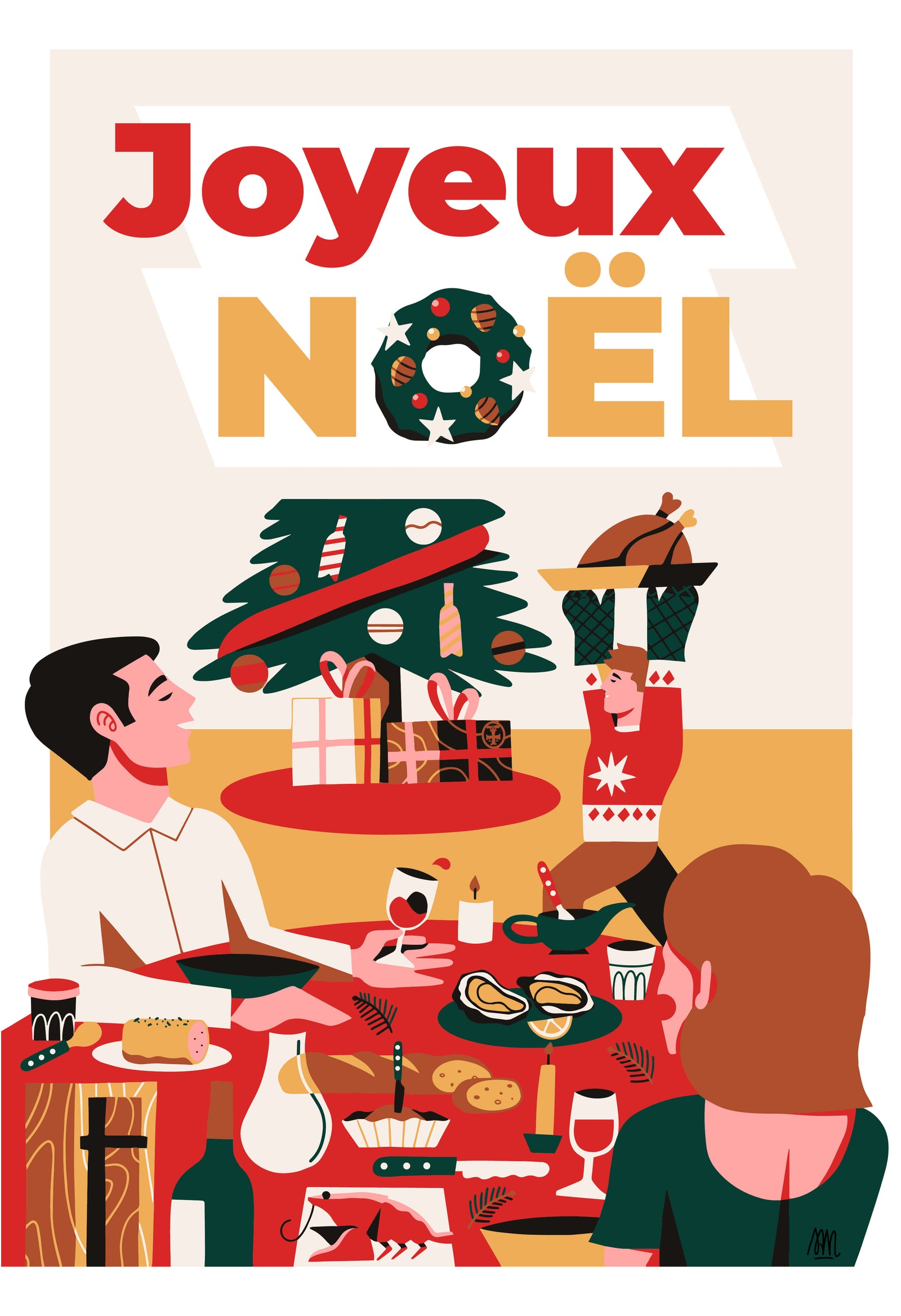 Joyeux Noel Repas de Noel 2020 Gérard Bertrand Illustration famille dinde pere mere enfant sapin