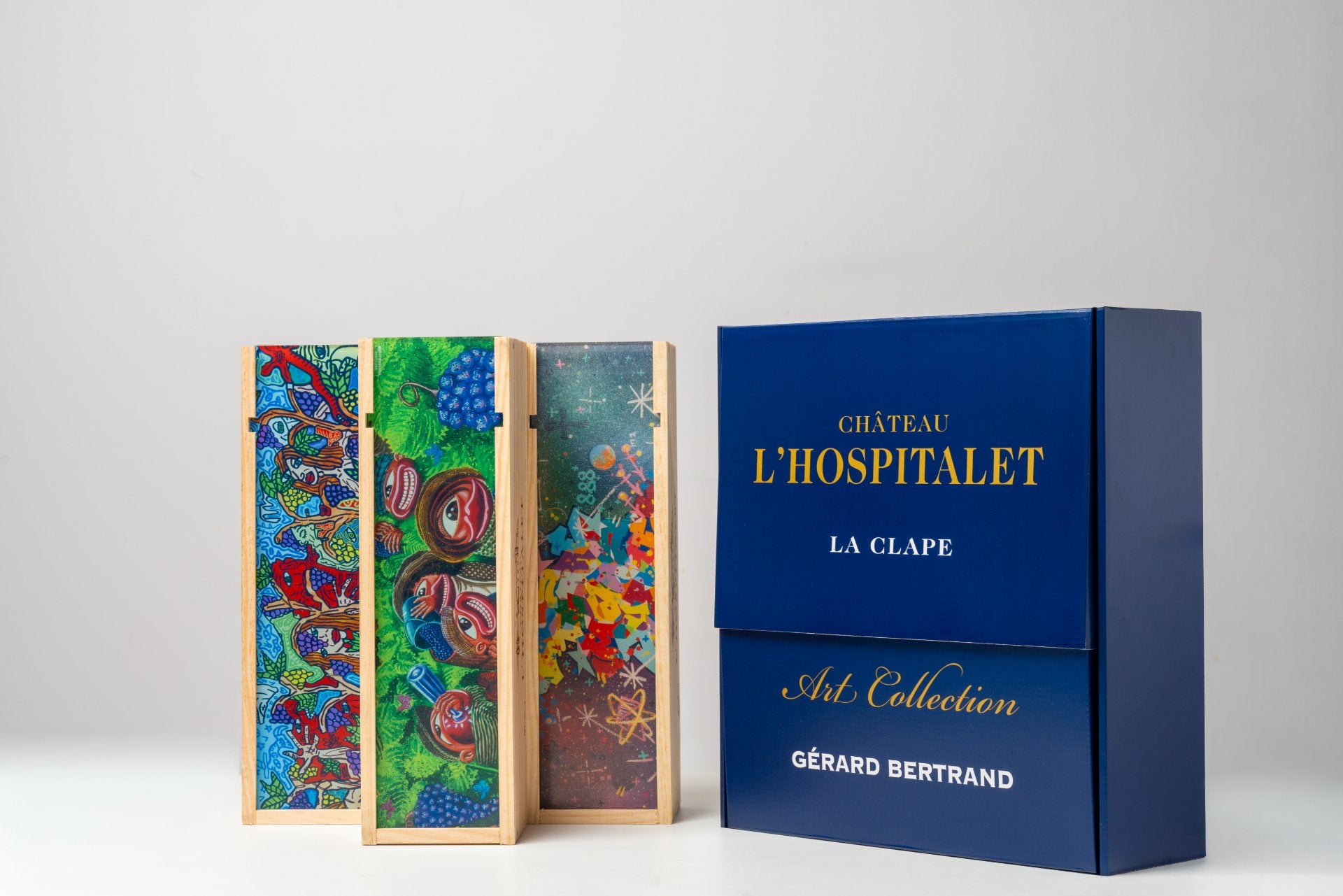 Château l'Hospitalet Grand Vin rouge Geschenkbox Limitierte Edition Robert Combas, Hervé Di Rosa und Cyril Kongo