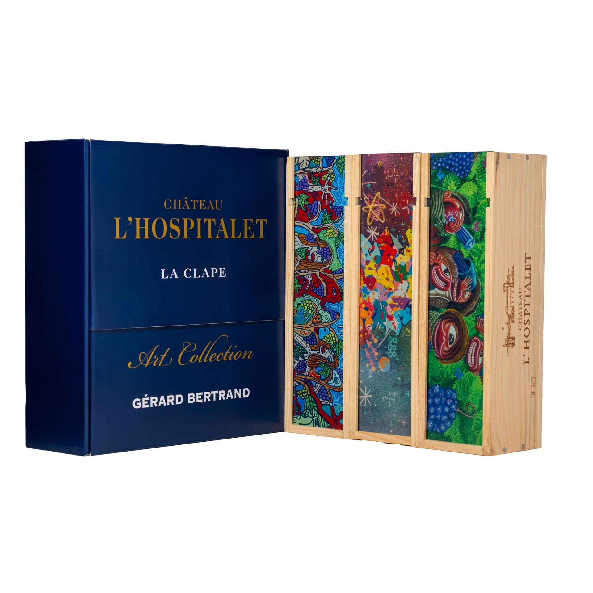 Château l'Hospitalet Grand Vin rouge Geschenkbox Limitierte Edition Robert Combas, Hervé Di Rosa und Cyril Kongo